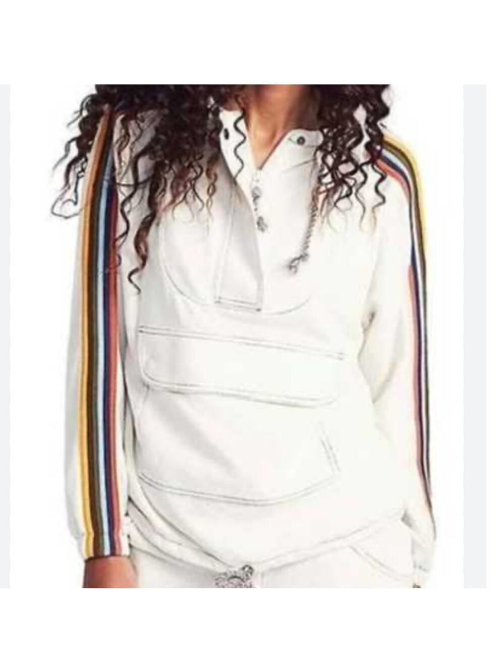 Faherty Bondi Rainbow Drawstring Hoodie 100% Cotton Ivory 3/4 Sleeves Size Small